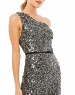 Sequined One Shoulder Fitted Mini Dress 7 Sequined One Shoulder Fitted Mini Dress -Women's Skirt 26497 Gunmetal CL