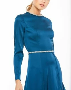 Long Sleeve Jewel Trimmed Charmeuse Gown -Women's Skirt 26524i SapphireSilver CL