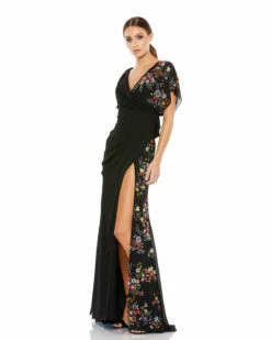 Faux Wrap Multi Colored Beaded Floral Gown