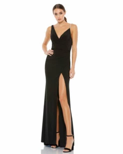 Asymmetrical Pearl Strap V-Neck Gown -Women's Skirt 26532 BLK Default 1 WS