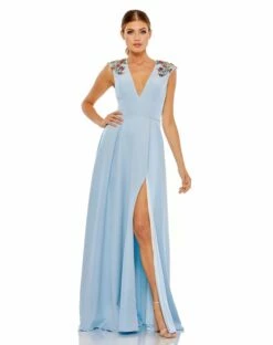 Beaded Cap Sleeve V Neck A Line Gown -Women's Skirt 26540 FrenchBlue AB