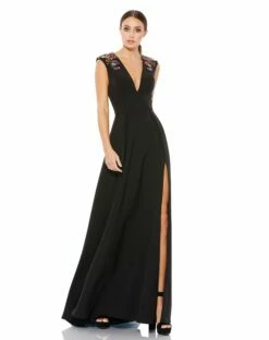 Beaded Cap Sleeve V Neck A Line Gown -Women's Skirt 26540 BLK 1 WS