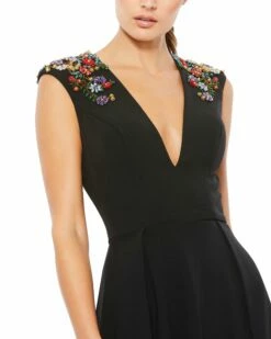 Beaded Cap Sleeve V Neck A Line Gown -Women's Skirt 26540 BLK 3 WS