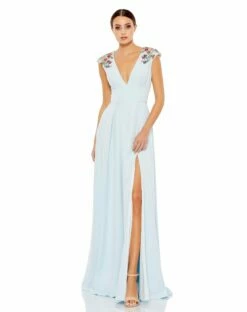 Beaded Cap Sleeve V Neck A Line Gown