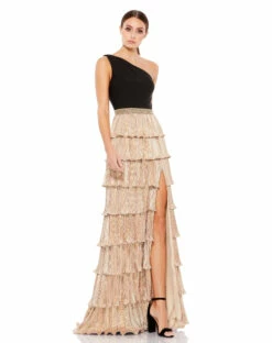 One Shoulder Layered Metallic Ruffle Gown