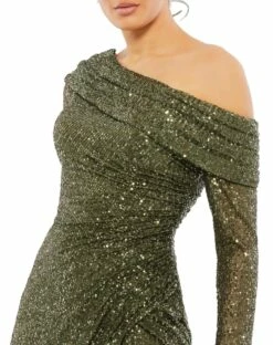 One Shoulder Sequin Long Sleeve Midi Dress -Women's Skirt 26551 Olive CL