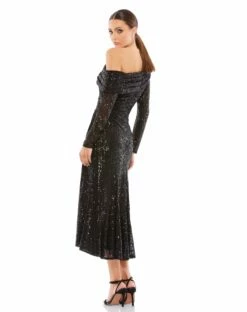 One Shoulder Sequin Long Sleeve Midi Dress -Women's Skirt 26551 BLK 2 WS
