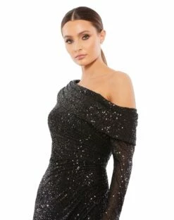 One Shoulder Sequin Long Sleeve Midi Dress -Women's Skirt 26551 BLK 3 WS