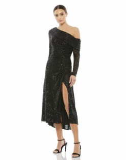 One Shoulder Sequin Long Sleeve Midi Dress -Women's Skirt 26551 BLK Default 1 WS