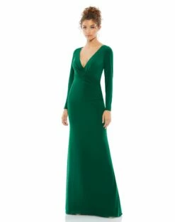 Long Sleeve Ruched Jersey V-Neck Gown -Women's Skirt 26573 Emerald AB