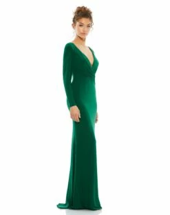Long Sleeve Ruched Jersey V-Neck Gown -Women's Skirt 26573 Emerald AS