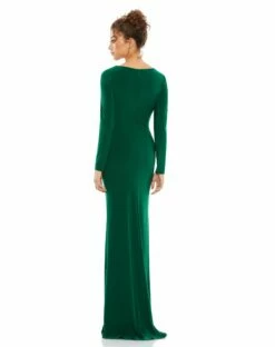 Long Sleeve Ruched Jersey V-Neck Gown -Women's Skirt 26573 Emerald BK