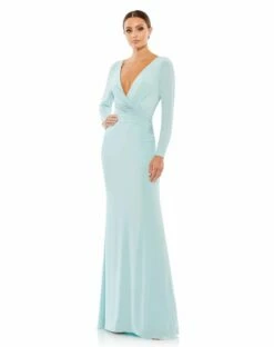 Long Sleeve Ruched Jersey V-Neck Gown
