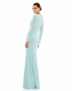 Long Sleeve Ruched Jersey V-Neck Gown -Women's Skirt 26573 PowderBlue BK