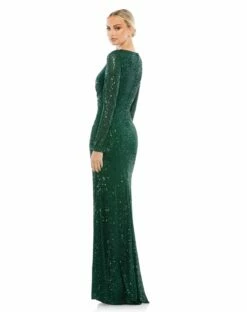 Sequined Faux Wrap Long Sleeve Column Gown 18 Sequined Faux Wrap Long Sleeve Column Gown -Women's Skirt 26574 DarkEmerald BK