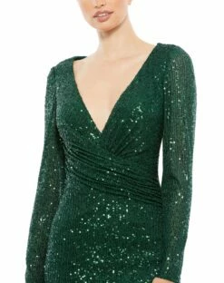 Sequined Faux Wrap Long Sleeve Column Gown 19 Sequined Faux Wrap Long Sleeve Column Gown -Women's Skirt 26574 DarkEmerald CL