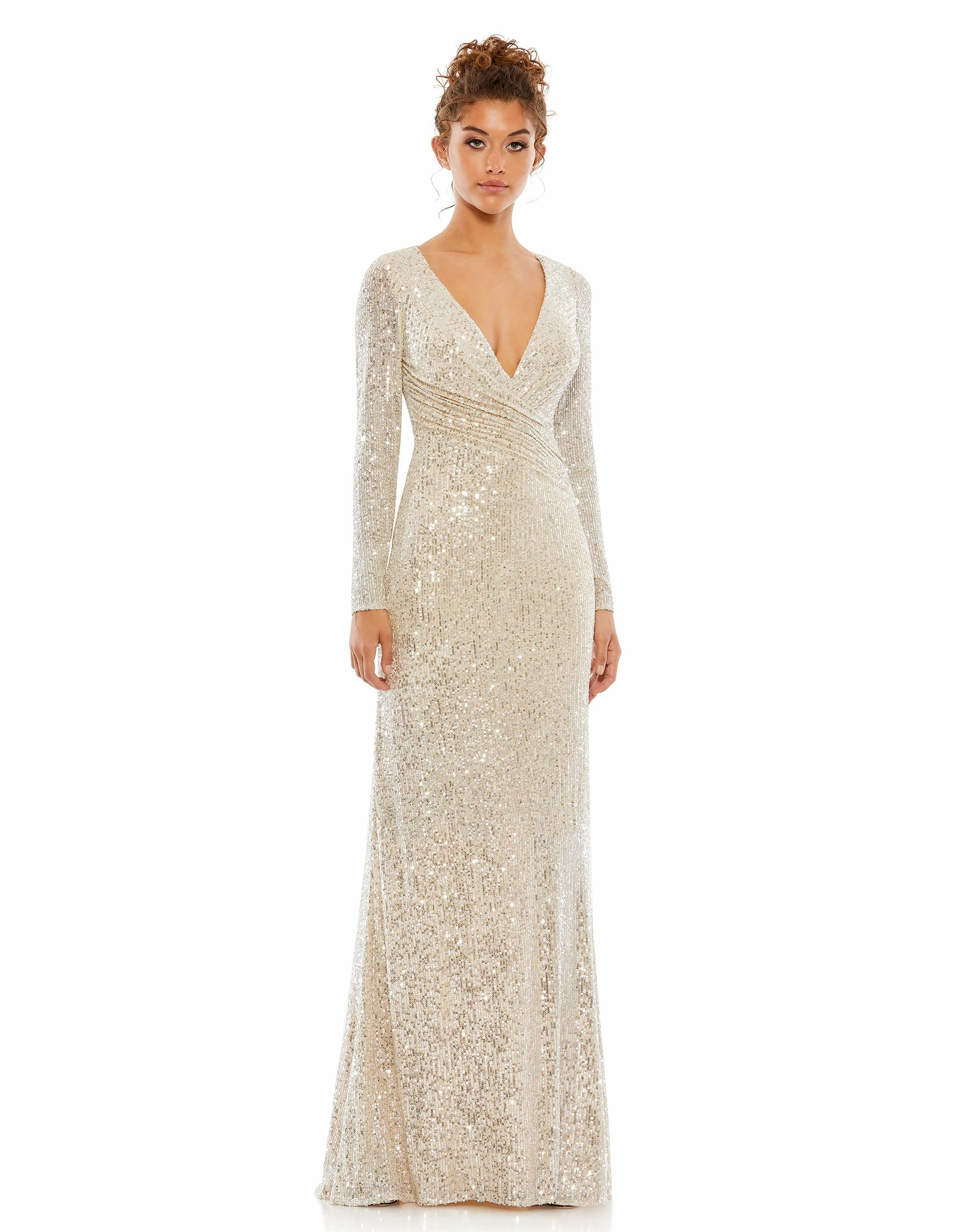 Sequined Faux Wrap Long Sleeve Column Gown 3 Sequined Faux Wrap Long Sleeve Column Gown