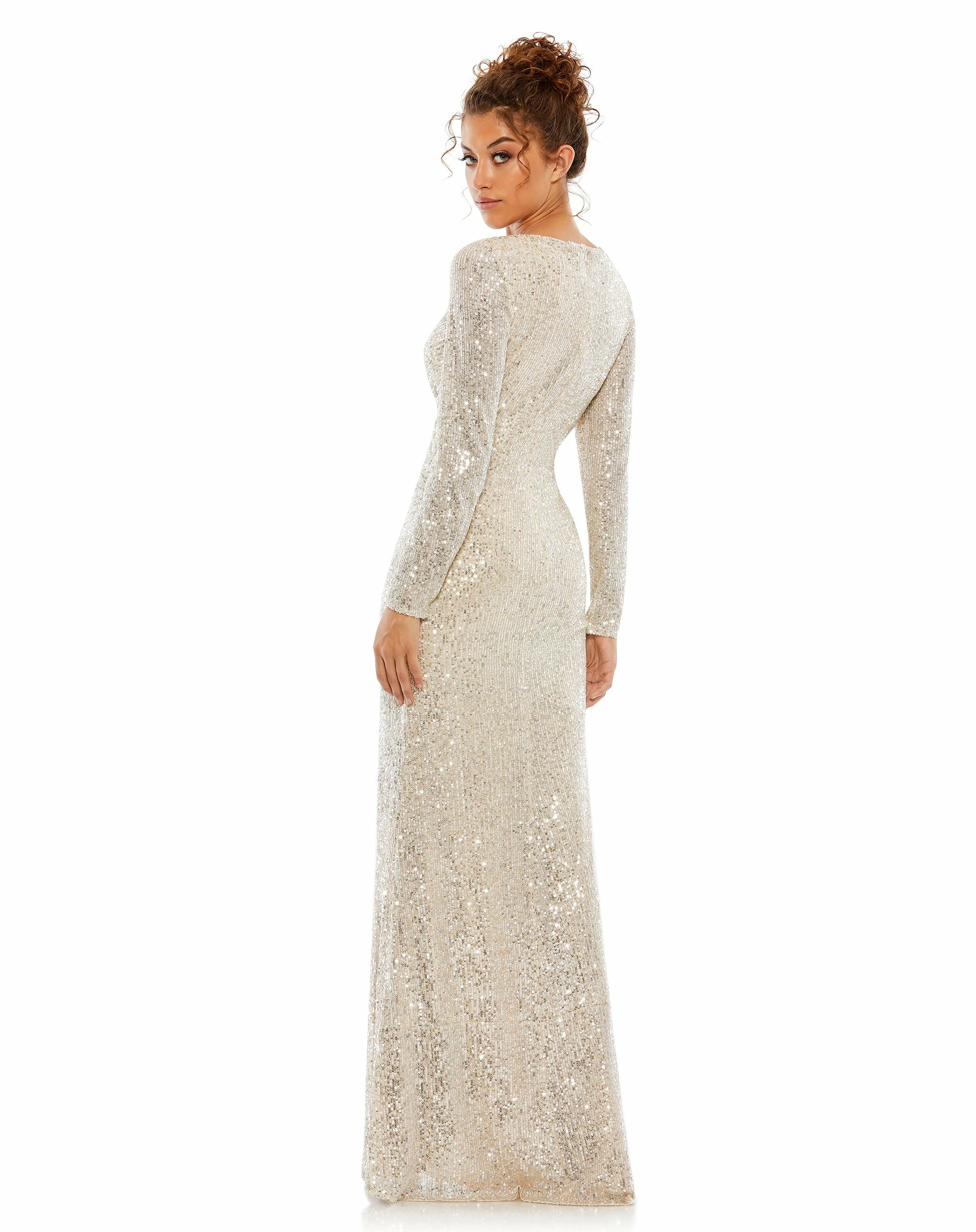 Sequined Faux Wrap Long Sleeve Column Gown 4 Sequined Faux Wrap Long Sleeve Column Gown - Image 2