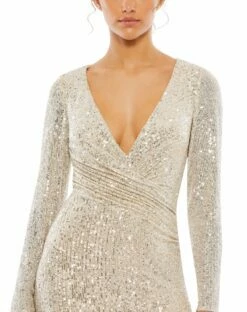 Sequined Faux Wrap Long Sleeve Column Gown 13 Sequined Faux Wrap Long Sleeve Column Gown -Women's Skirt 26574 NudeSilver CL