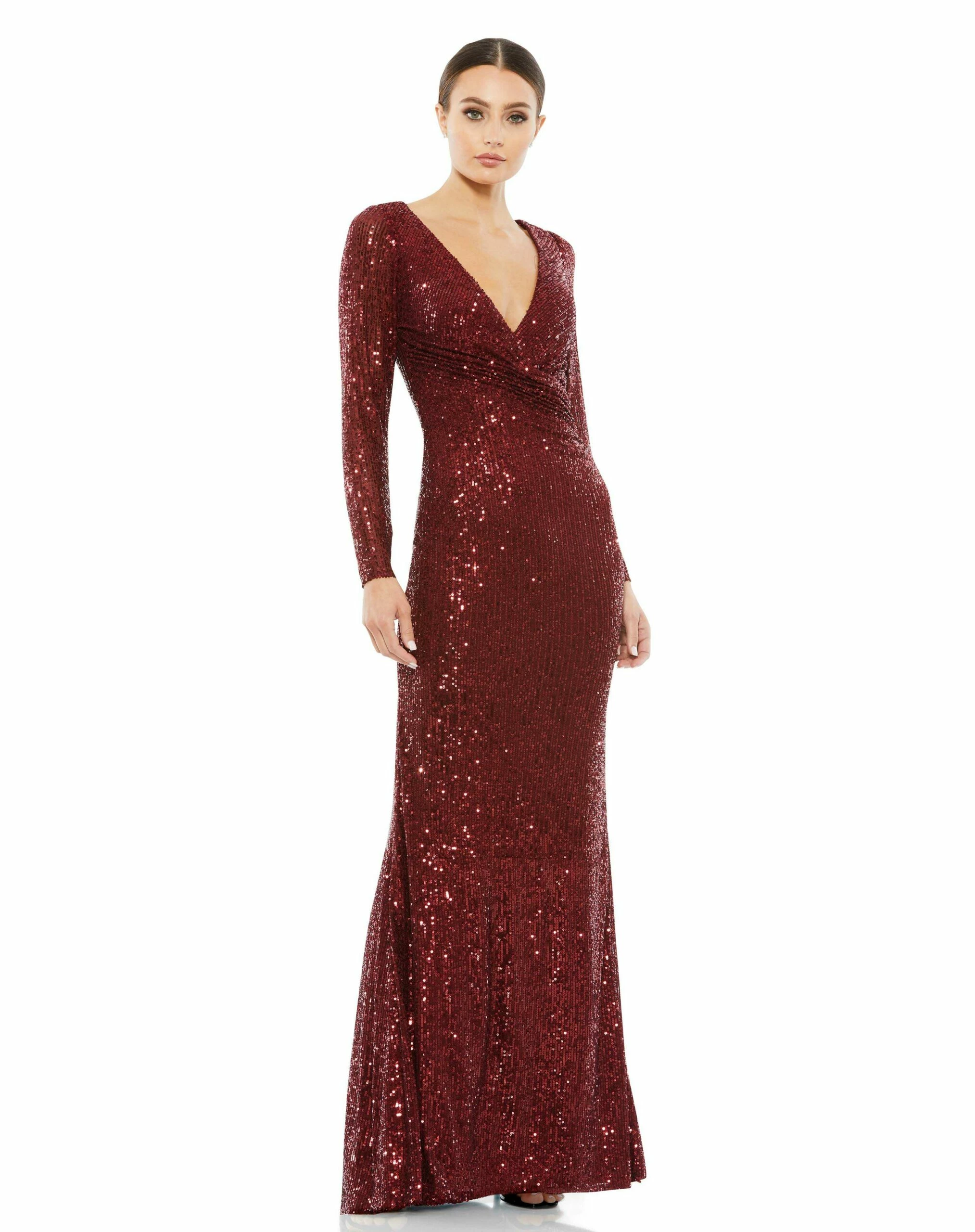 Sequined Faux Wrap Long Sleeve Column Gown 6 Sequined Faux Wrap Long Sleeve Column Gown - Image 4