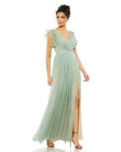Flowy V Neck Ruffled Cap Sleeve Gown