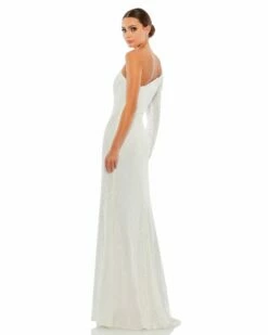 Sequined One Shoulder Trumpet Gown -Women's Skirt 26591 White BK