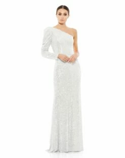 Sequined One Shoulder Trumpet Gown -Women's Skirt 26591 WHT Default 1 WS