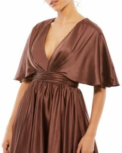 Satin Flowy Cape Sleeve Mini Dress -Women's Skirt 26605 Chocolate CL
