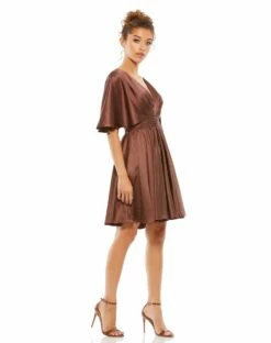 Satin Flowy Cape Sleeve Mini Dress -Women's Skirt 26605 Chocolate AS