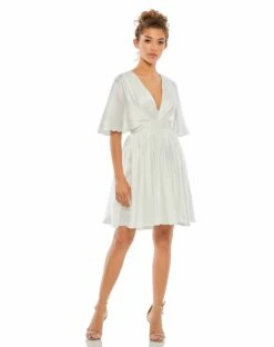 Satin Flowy Cape Sleeve Mini Dress -Women's Skirt 26605 White AB
