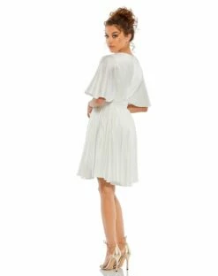 Satin Flowy Cape Sleeve Mini Dress -Women's Skirt 26605 White BK