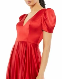 Puff Sleeve V-Neck Satin Gown -Women's Skirt 26606 RED 3 WS