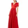 Puff Sleeve V-Neck Satin Gown -Women's Skirt 26606 RED Default 1 WS