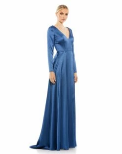 Satin V Neck Long Sleeve Pleated Gown -Women's Skirt 26613 Midnight AS