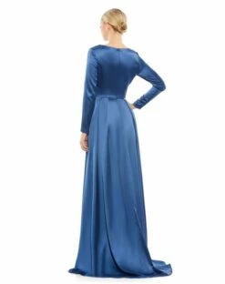 Satin V Neck Long Sleeve Pleated Gown -Women's Skirt 26613 Midnight BK