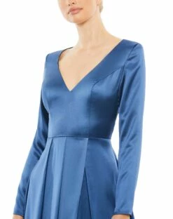 Satin V Neck Long Sleeve Pleated Gown -Women's Skirt 26613 Midnight CL