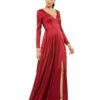 Satin V Neck Long Sleeve Pleated Gown -Women's Skirt 26613 Wine AB