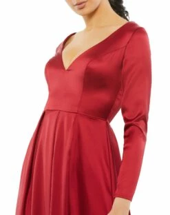 Satin V Neck Long Sleeve Pleated Gown -Women's Skirt 26613 Wine CL