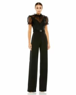 Belted Illusion High Neck Cap Sleeve Jumpsuit -Women's Skirt 26621 Black AB
