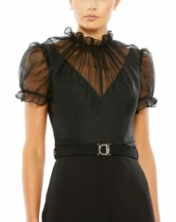 Belted Illusion High Neck Cap Sleeve Jumpsuit -Women's Skirt 26621 Black CL