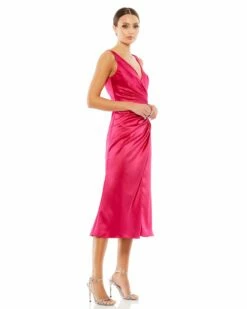 Satin Ruched V Neck Faux Wrap Midi Dress -Women's Skirt 26625 Lipstick AS