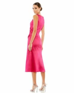 Satin Ruched V Neck Faux Wrap Midi Dress -Women's Skirt 26625 Lipstick BK