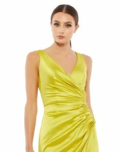 Satin Ruched V Neck Faux Wrap Midi Dress -Women's Skirt 26625 CTR 3 WS