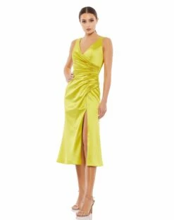 Satin Ruched V Neck Faux Wrap Midi Dress -Women's Skirt 26625 CTR Default 1 WS