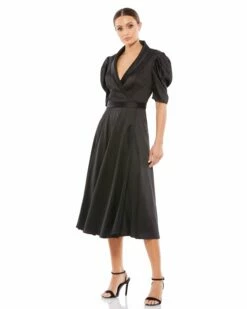 Satin Lapel Puff Sleeve Tea Length Dress -Women's Skirt 26628 Black AB
