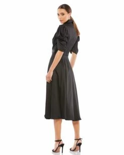 Satin Lapel Puff Sleeve Tea Length Dress -Women's Skirt 26628 Black BK