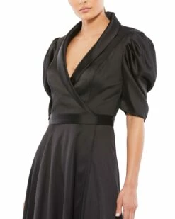 Satin Lapel Puff Sleeve Tea Length Dress -Women's Skirt 26628 Black CL