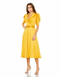 Satin Lapel Puff Sleeve Tea Length Dress