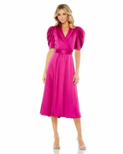 Satin Lapel Puff Sleeve Tea Length Dress -Women's Skirt 26628 HotPink AB