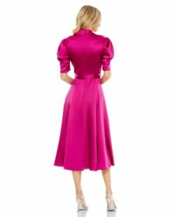 Satin Lapel Puff Sleeve Tea Length Dress -Women's Skirt 26628 HotPink BK